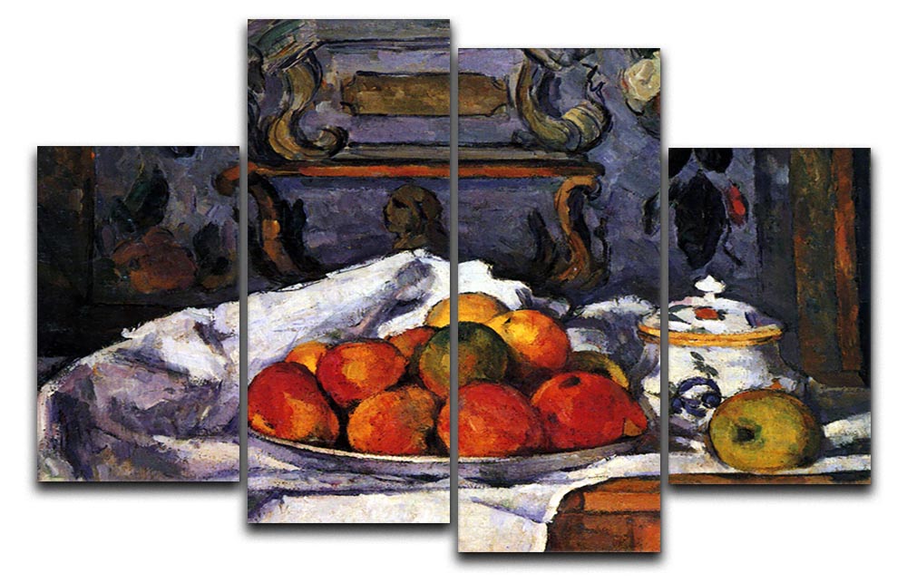 A 4-split canvas artwork featuring Cezanne's Still Life Bowl of Apples, showcasing vibrant colors and intricate details across four panels.